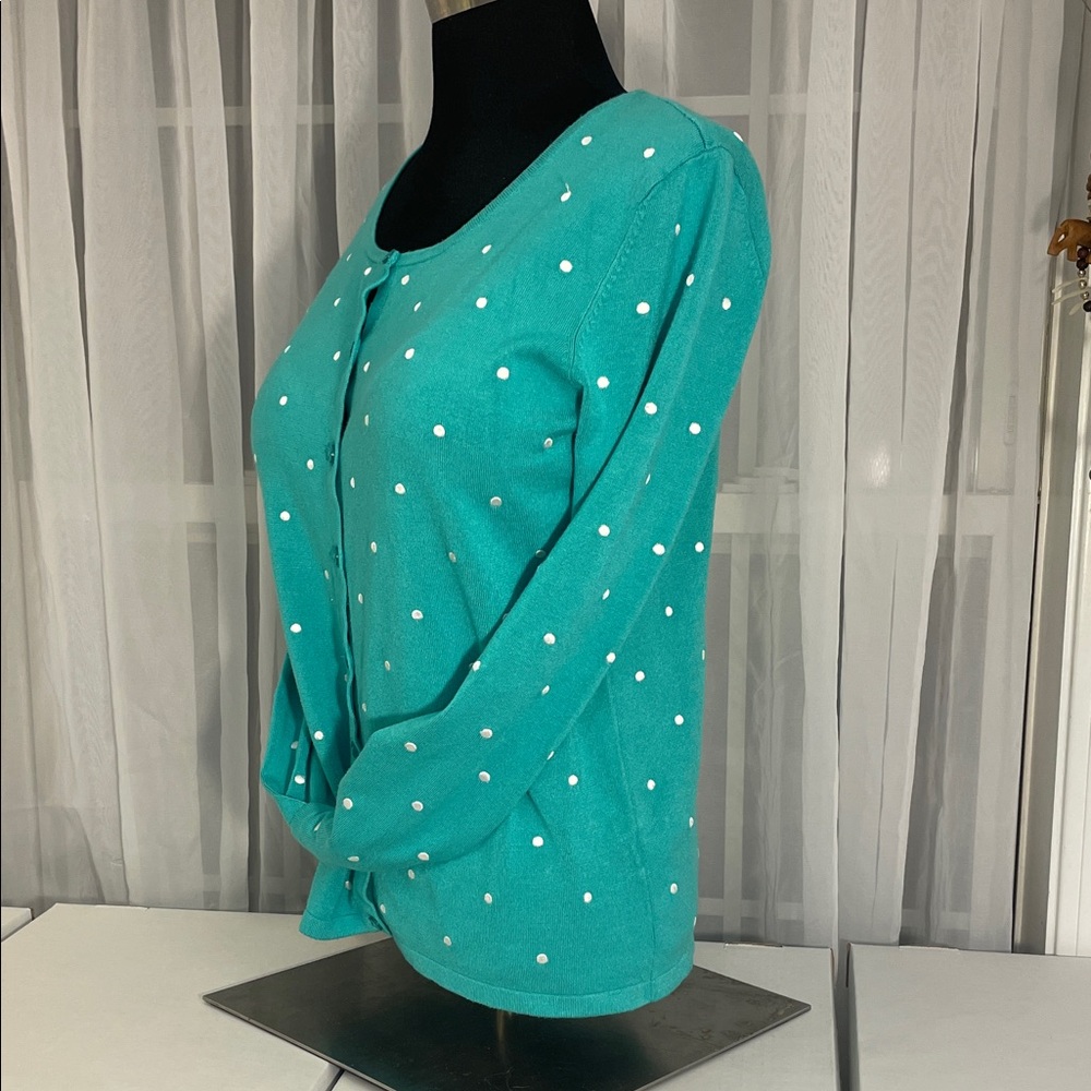 Turquoise Cardigan with White Polka Dots button down front size medium